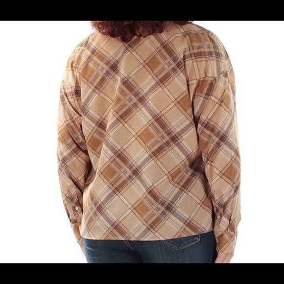 Lauren Ralph Lauren Tan Blue Plaid Wrap Plaid Blouse Womens 1X Long Sleeve - Picture 12 of 12